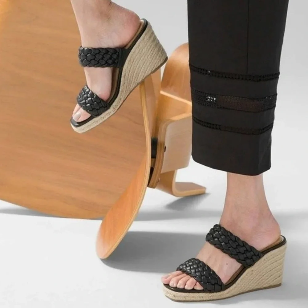 White House Black Market Wedge Sandal Rebecca Braided Black Espadrille Womens 9M